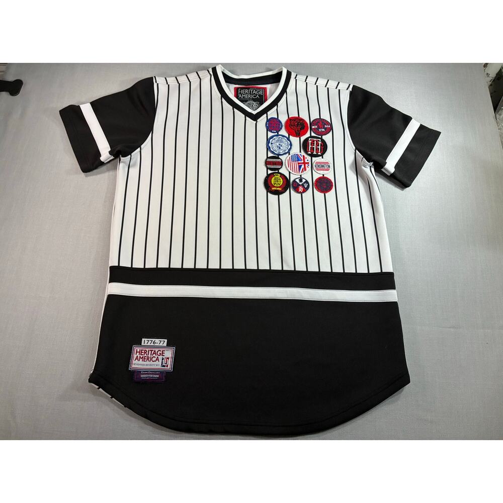 Heritage America Jersey Mens XL White Black Pinstripe Patch V Neck Shirt